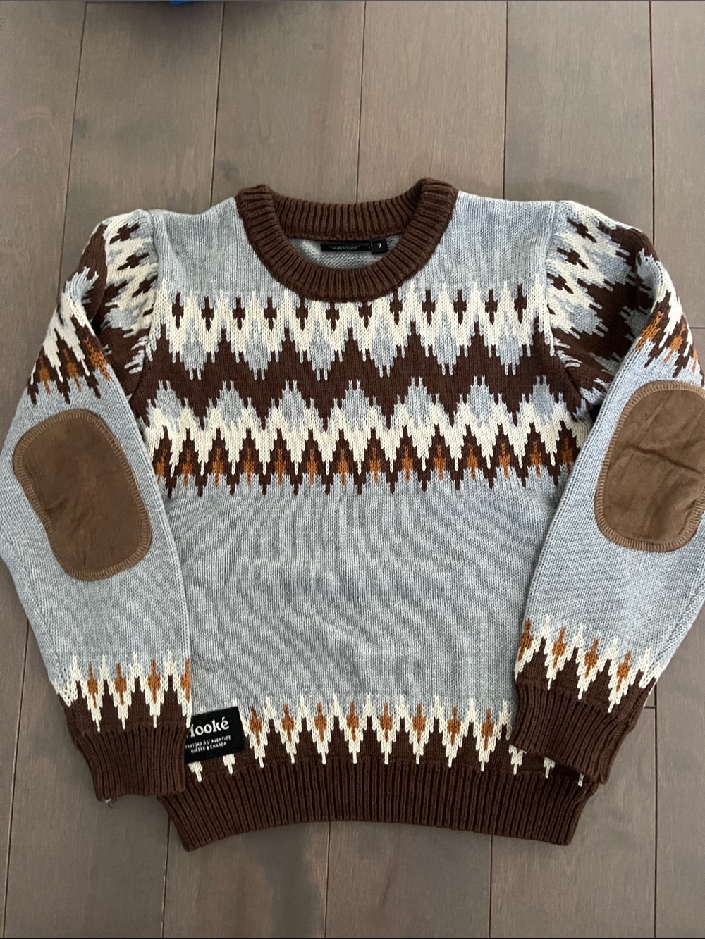 Kids Fair Isle Crewneck Sweater in Light Gray and Brown by